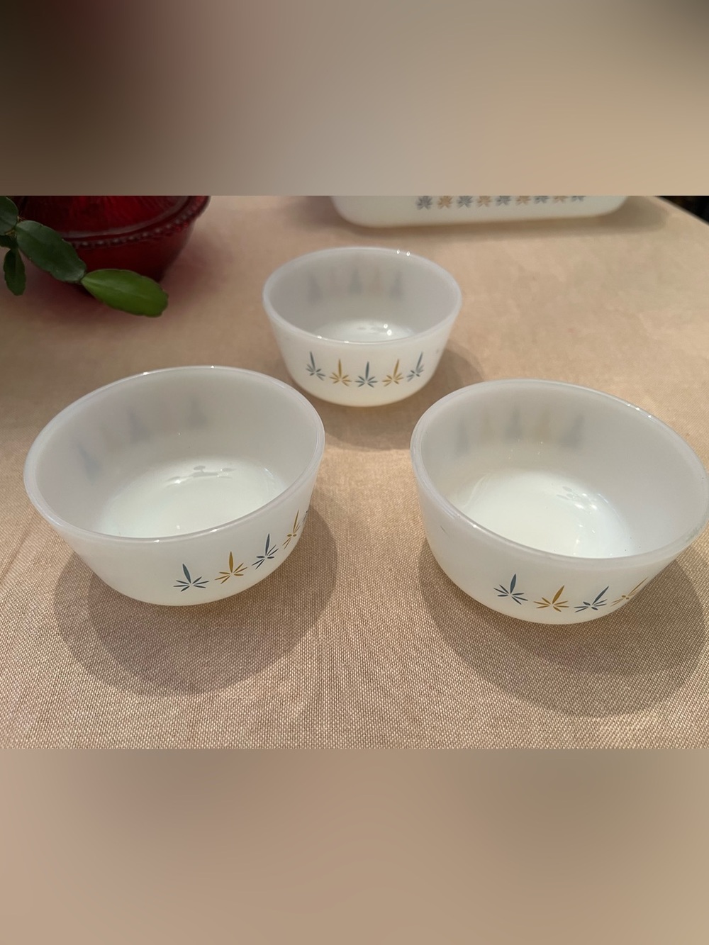 Vintage White Milk Glass Prep Bowls with Blue and Gold Leaf Motif